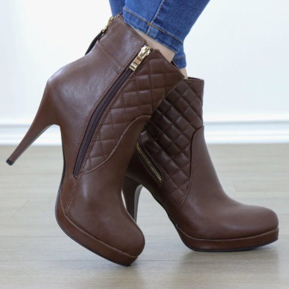 Brown Quilted Platform High Heel Ankle Boots - Picture 4 of 8